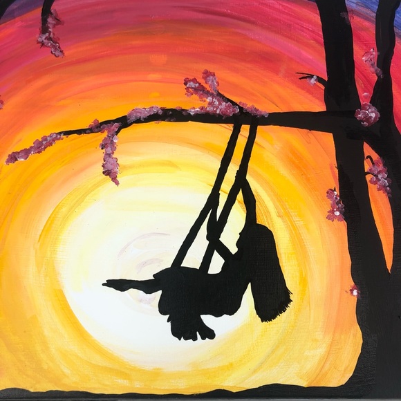 Sunset Swinging Cherry Blossom Silhouette Painting - Picture 2 of 2